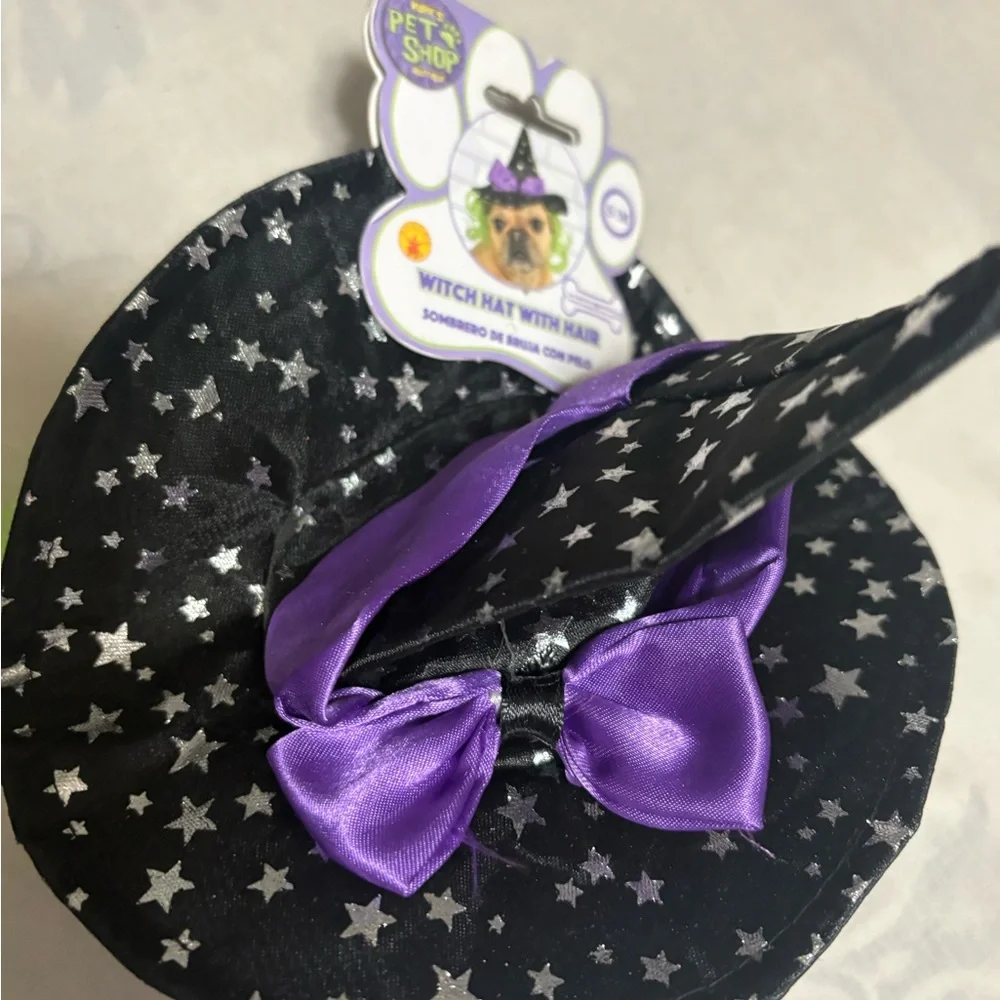 Top Paw Pet shop dog Witch Hat with Purple Bow and Silver Stars